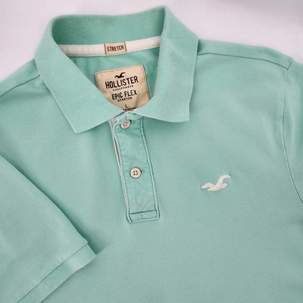 Hollister Mens Retro Y2K Logo Polo Shirt Size L Mint Green Beach Surf Epic Flex